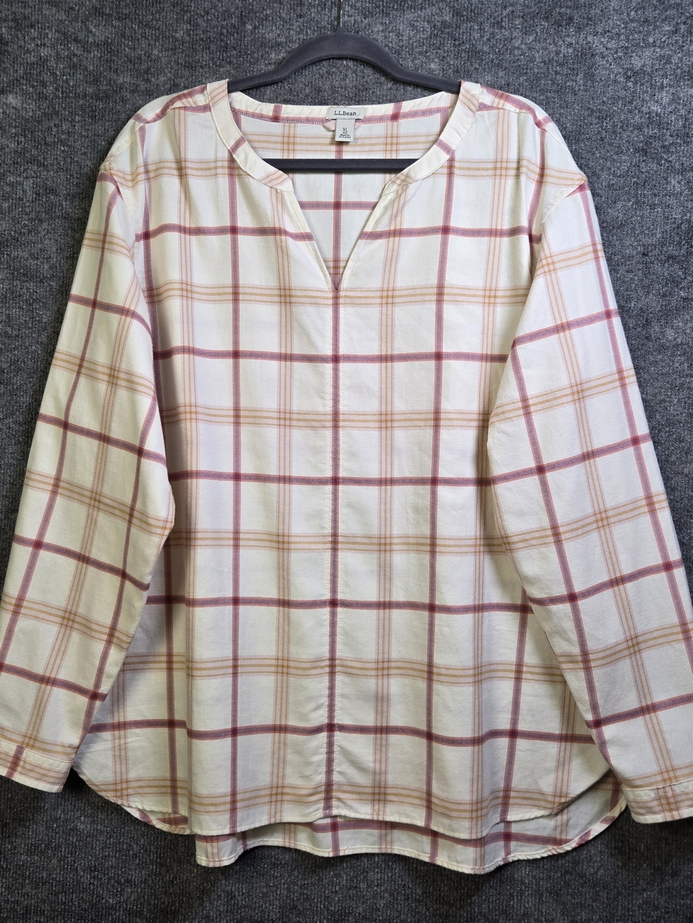 LL Bean Pullover Womens XL Regular Cream Red Plaid Flannel Cabin Outdoor